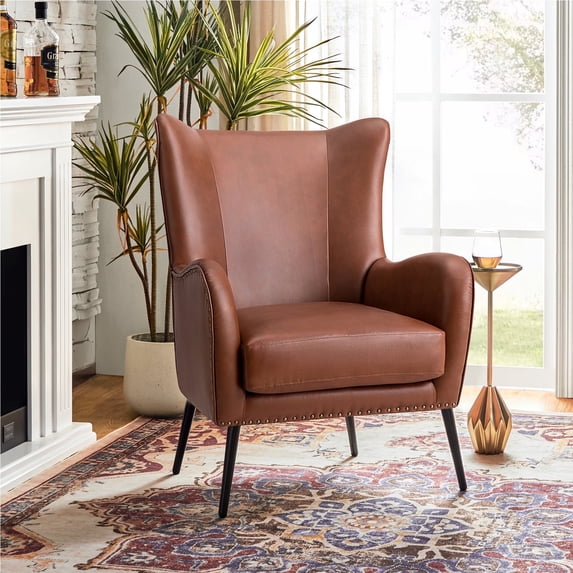 Faux Leather Accent Chair, Comfy Upholstered Armchair with Metal Legs and Wingback for Reading Living Room Bedroom, Brown