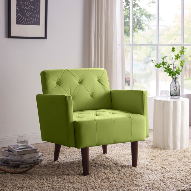 Green Faux Leather Upholstered Arm Chair for Living Room, Bedroom, Office