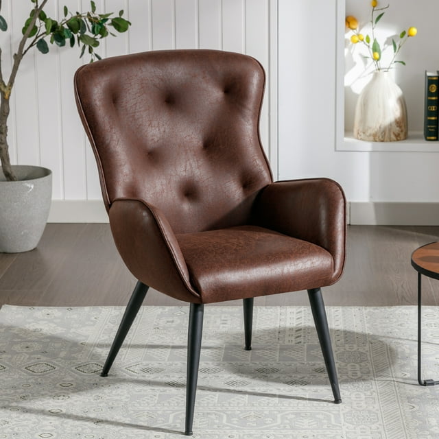 Faux Leather Accent Chair with High Back Design, Armchair with Metal