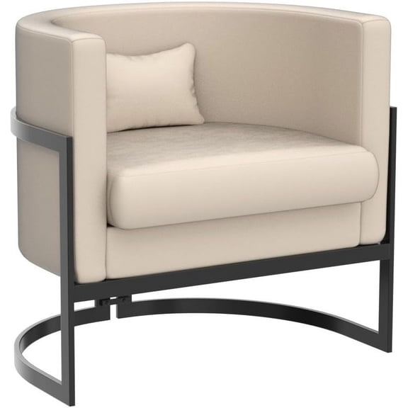 Faux Leather Accent Chair Modern Barrel Chair Upholstered Armchair for Living Room Bedroom Single Sofa Chair Club Chairs Beige