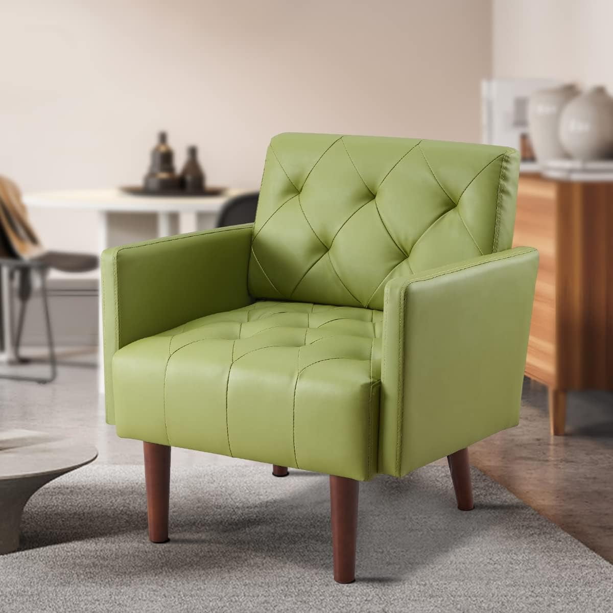 Faux Leather Accent Chair Modern Retro Arm Chair for Living Room and Bedroom Tufted Upholstered Sofa Club Chair Comfy Armchair for Small Spaces Bedroom Office Olive Walmart