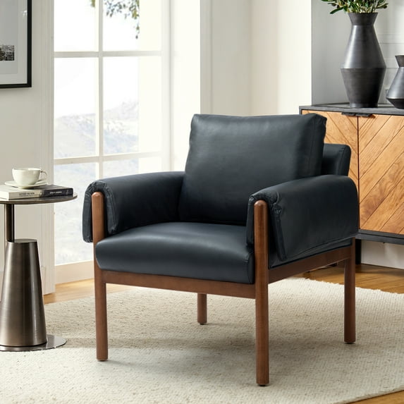Faux Leather Accent Chair Removable Backrest Upholstered Arm Cushio PU Chairs Solid Wood Legs Reading Lounge Sofa Bedroom Navy