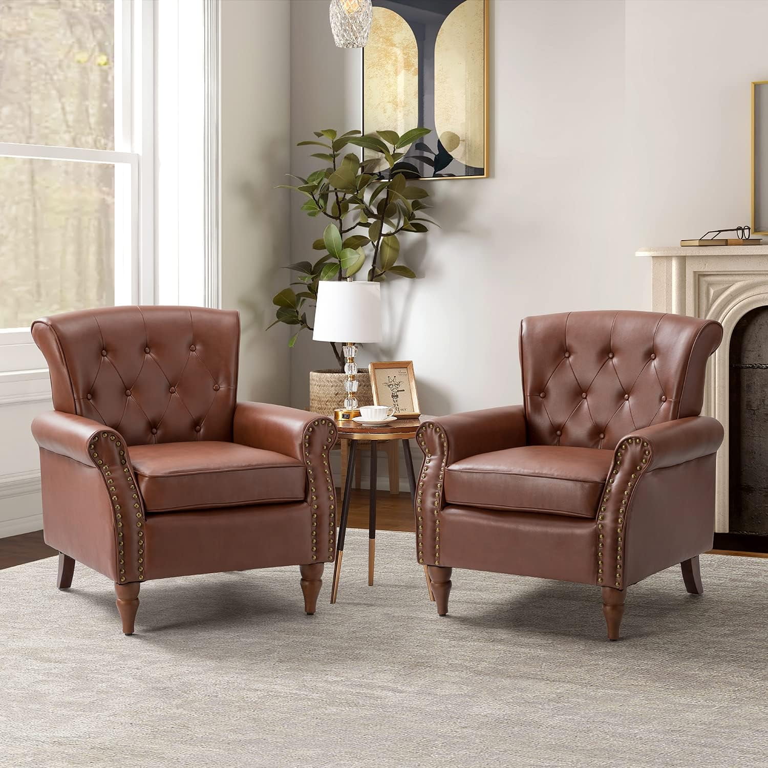 Faux Leather Accent Chair Set of 2 -Century Living Room Armchairs with ...