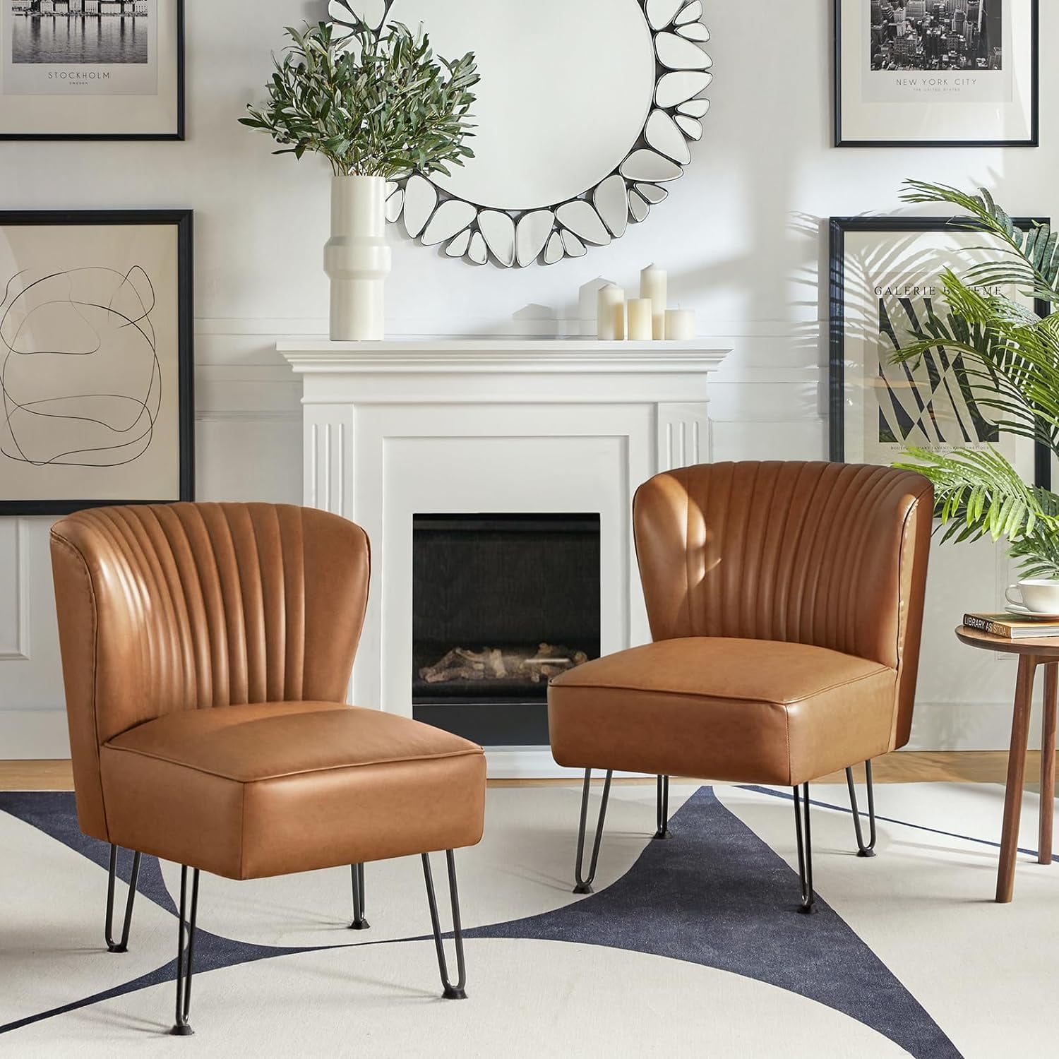 Faux Leather Accent Chair with Metal Base Mid Century Living Room Chair Comfy Upholstered
