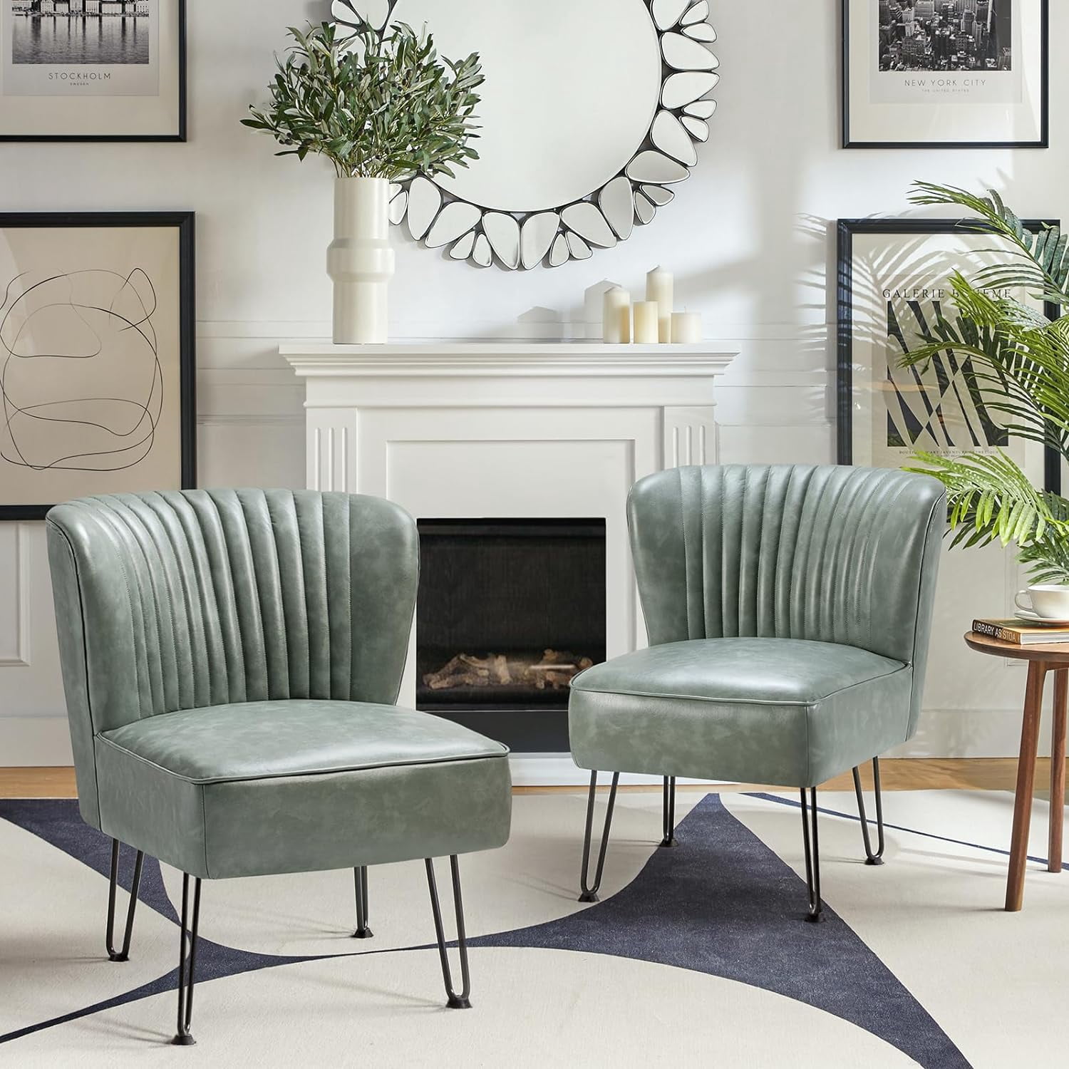 Faux Leather Accent Chairs Set Of 2 With Metal Base, Century Modern ...