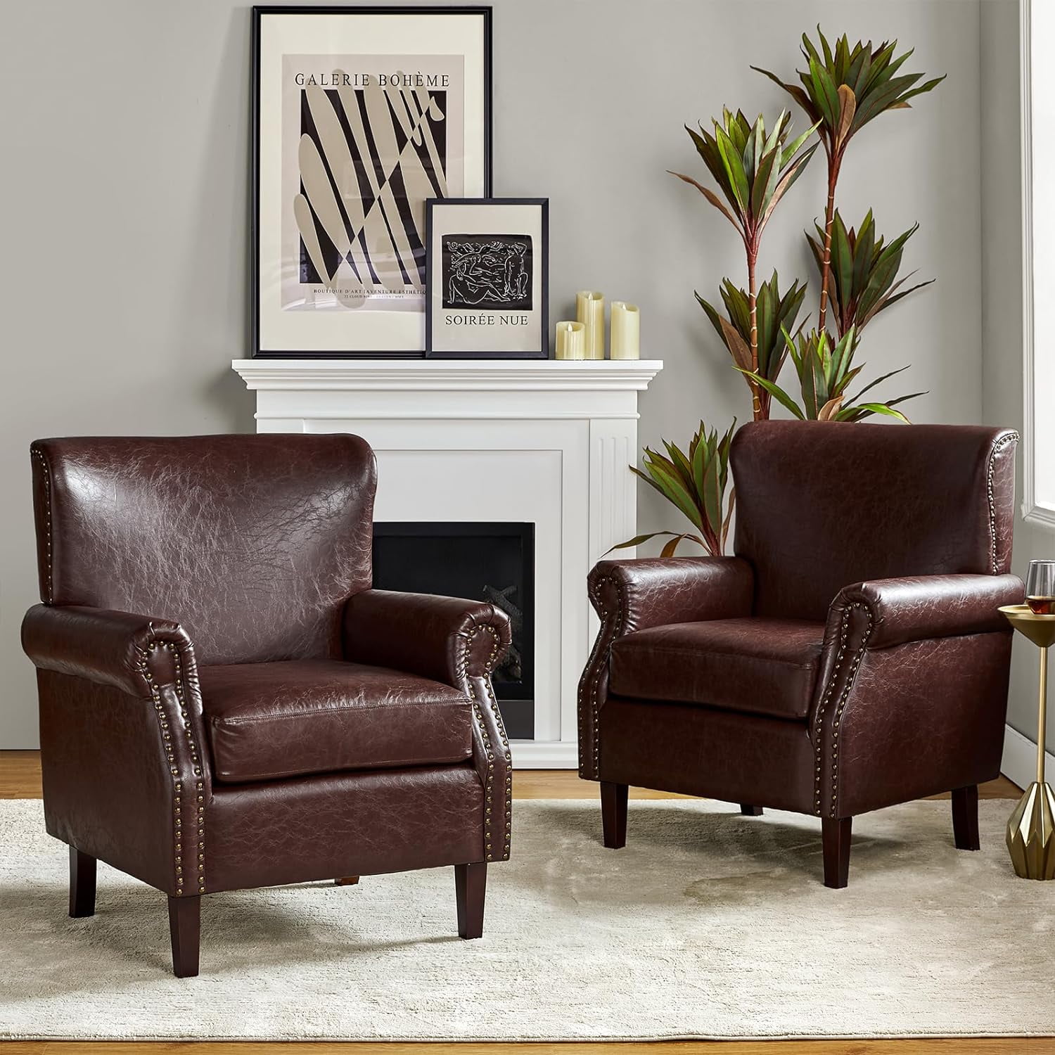 Faux Leather Accent Chairs Set Of 2 With Rolled Armrests & Nailhead ...