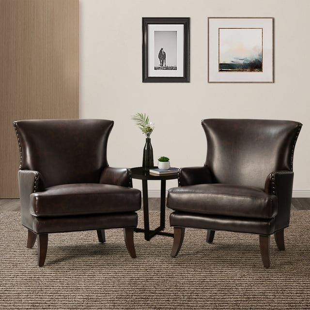 Faux Leather Accent Chairs Set of 2 Wingback Armchair Nailhead Trim