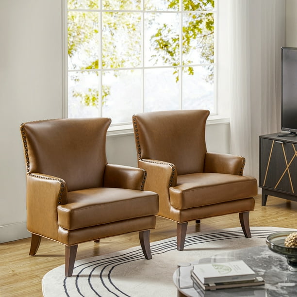 Elegant Faux Leather Accent Chairs Set of 2 Wingback Armchair with Nailhead Trim Camel Walmart Business Supplies