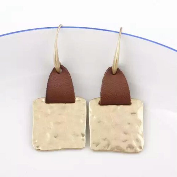 Faux Leather Accent Minimal Geometric Drop Earrings for Women Boutique Jewelry