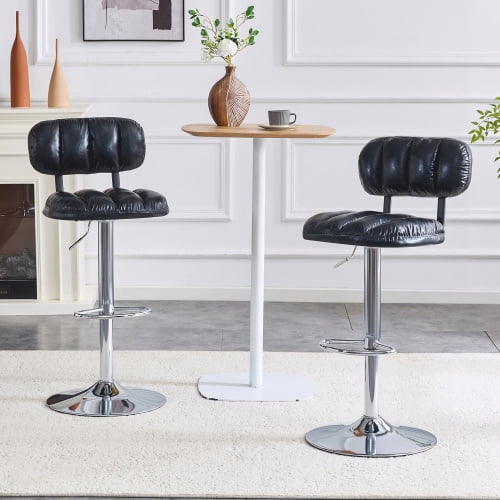 Faux Leather Adjustable Bar Stools Set of 2, Modern Swivel Counter Height Barstools with Back and Footrest, 25"-33" Counter Stools for Kitchen Island, Dining Room, Black