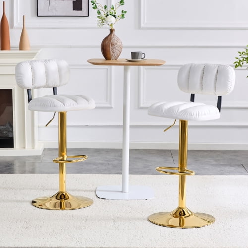 Faux Leather Adjustable Bar Stools Set of 2, Modern Swivel Counter Height Barstools with Back and Footrest, 25"-33" Counter Stools for Kitchen Island, Dining Room, White
