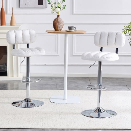 Faux Leather Adjustable Bar Stools Set of 2, Modern Swivel Counter Height Barstools with Back and Footrest, 25"-33" Counter Stools for Kitchen Island, Dining Room, White