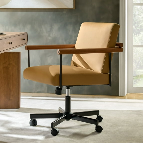 Faux Leather Adjustable Office Chair Swivel Rocking Desk Chair with Solid Wood Round Arm Camel