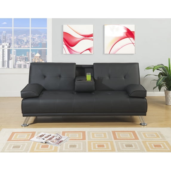 Faux Leather Adjustable Sofa With Cup Holder In Black