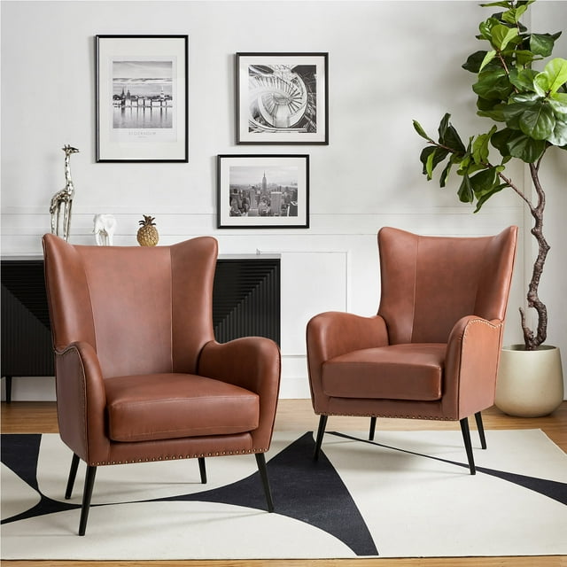 Faux Leather Armchair with Removable Cushion Contemporary Wingback Accent Chair Set of 2 for Living Room Bedroom,Brown