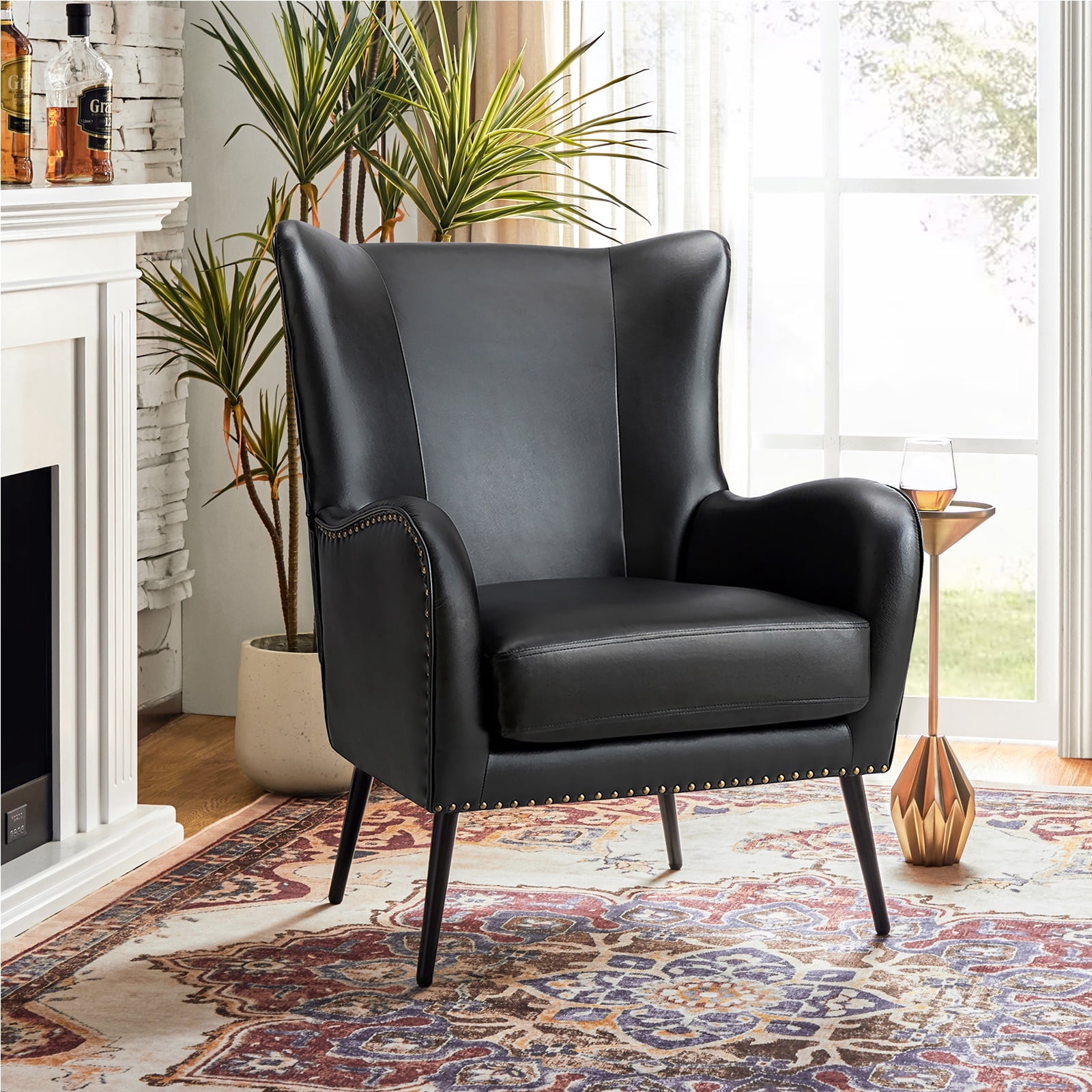 Faux Leather Armchair with Removable Cushion Contemporary Wingback