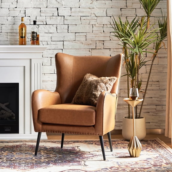 Faux Leather Armchair with Removable Cushion Contemporary Wingback Accent Chair for Living Room Bedroom,Camel
