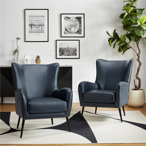 Faux Leather Armchair with Removable Cushion Upholstered Wingback Accent Chair Set of 2 Living Room Bedroom Navy