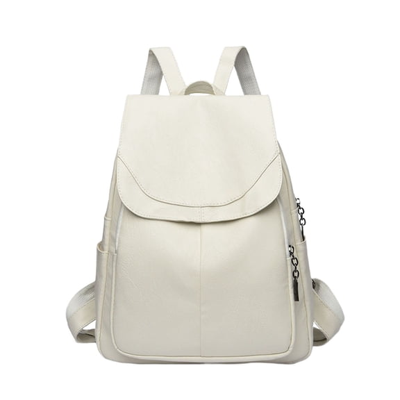 Faux Leather Backpack Elegant Flap Fashion Casual Rucksack Adjustable Strap Anti Theft Daypack For Daily Commuting Travel(White-33Cm)