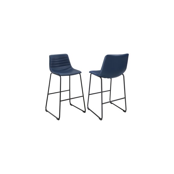 Faux Leather Bar Stools - 2-Pc Set - Blue Bucket Seat - Black Metal Base