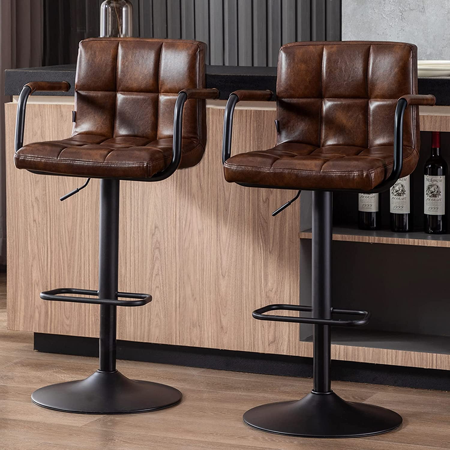 Adjustable Black Brown Faux Leather Swivel Bar Stools with Pedestal Base