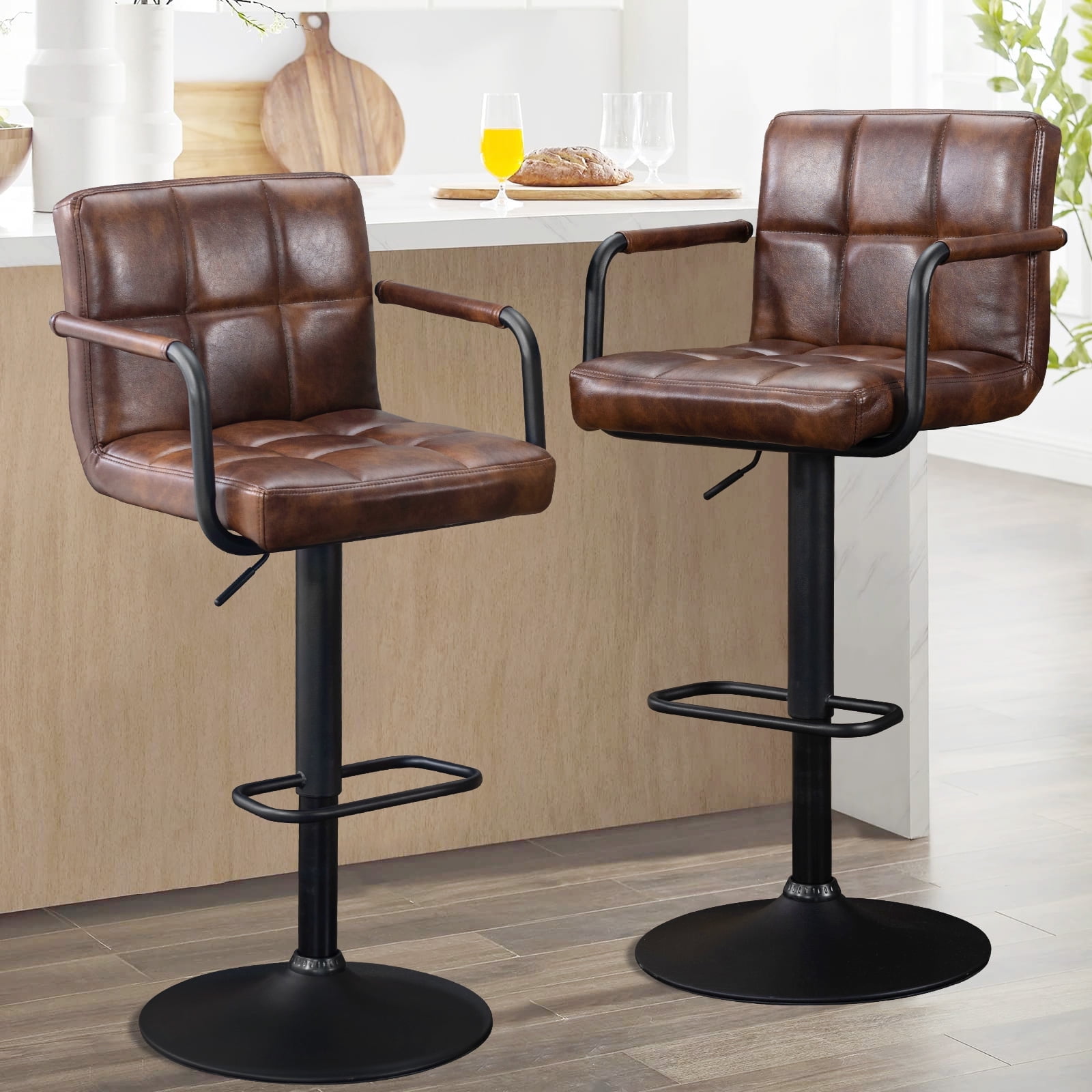 Faux Leather Bar Stools Set of 2 Modern Kitchen Stool Chairs with Backrest Footrest Dark Brown