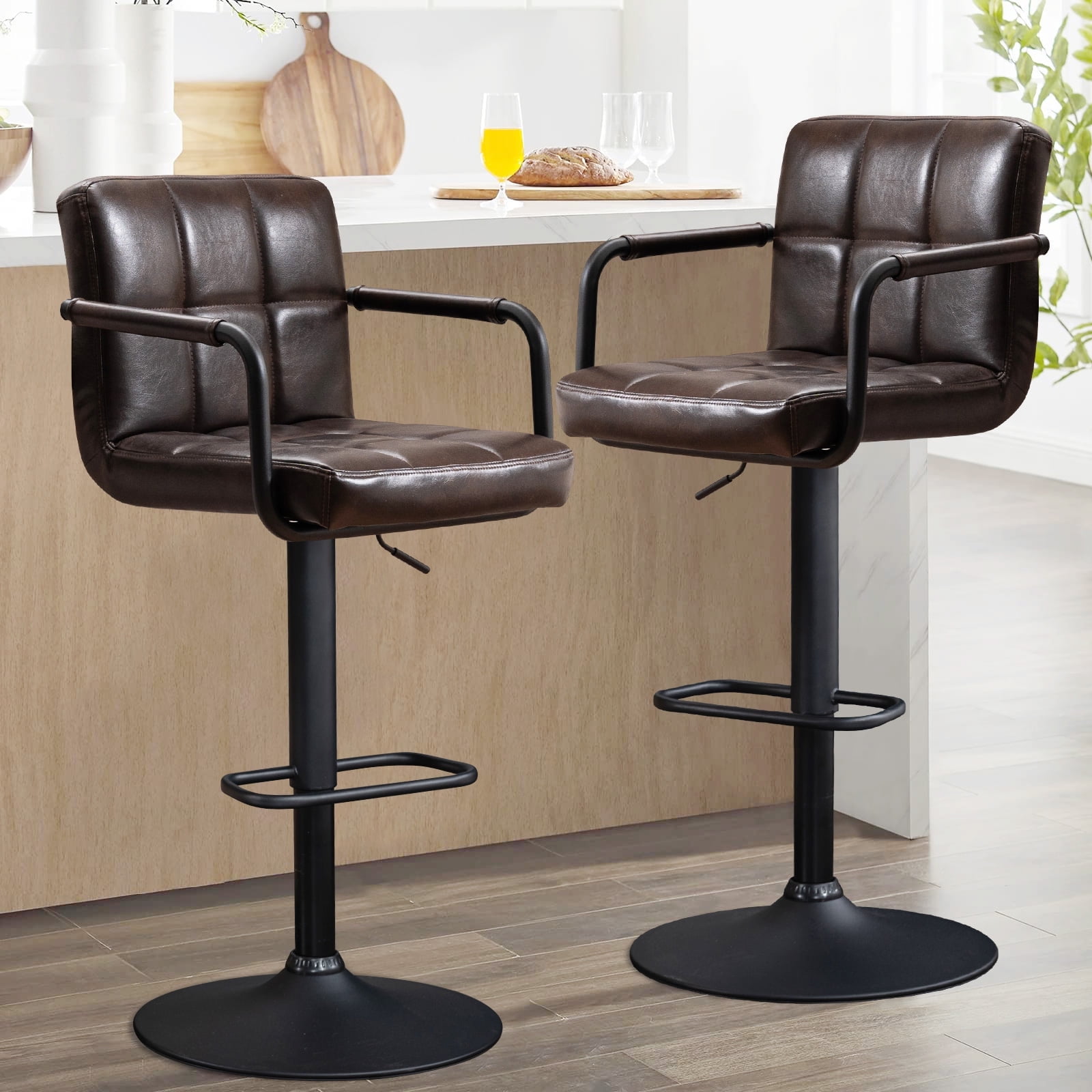 Adjustable Black Brown Faux Leather Swivel Bar Stools with Pedestal Base