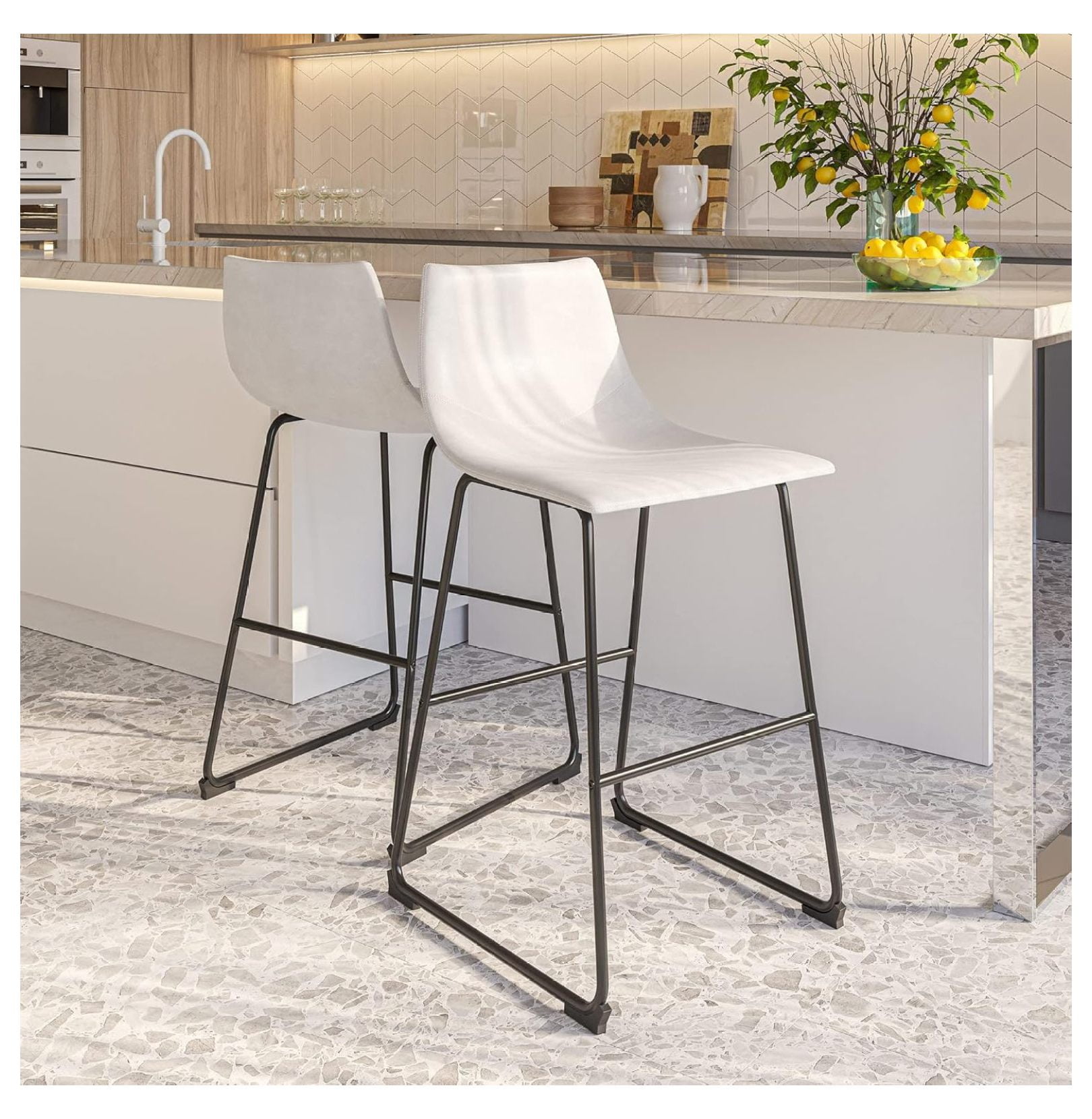White Faux Leather Counter Height Bar Stools with Metal Legs, Set of 2