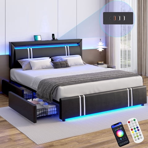 Faux Leather Bed Frame Queen Size with 4 Drawers & USB Charging Station & LED Light Headboard Footboard, Modern Upholstered Platform Bed, No Box Spring Needed