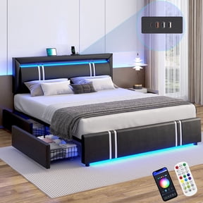 Faux Leather Bed Frame Queen Size with 4 Drawers & USB Charging Station & LED Light Headboard Footboard, Modern Upholstered Platform Bed, No Box Spring Needed