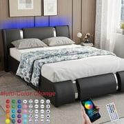 Faux Leather Bed Frame With LED Light & Adjustable Headboard, Full Size Modern Upholstered Platform Bed, Wooden Slats Bed Mattress Foundation(Black-Full)