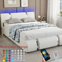 Faux Leather Bed Frame With LED Light & Adjustable Headboard, Full Size Modern Upholstered Platform Bed, Wooden Slats Bed Mattress Foundation(White-Full)