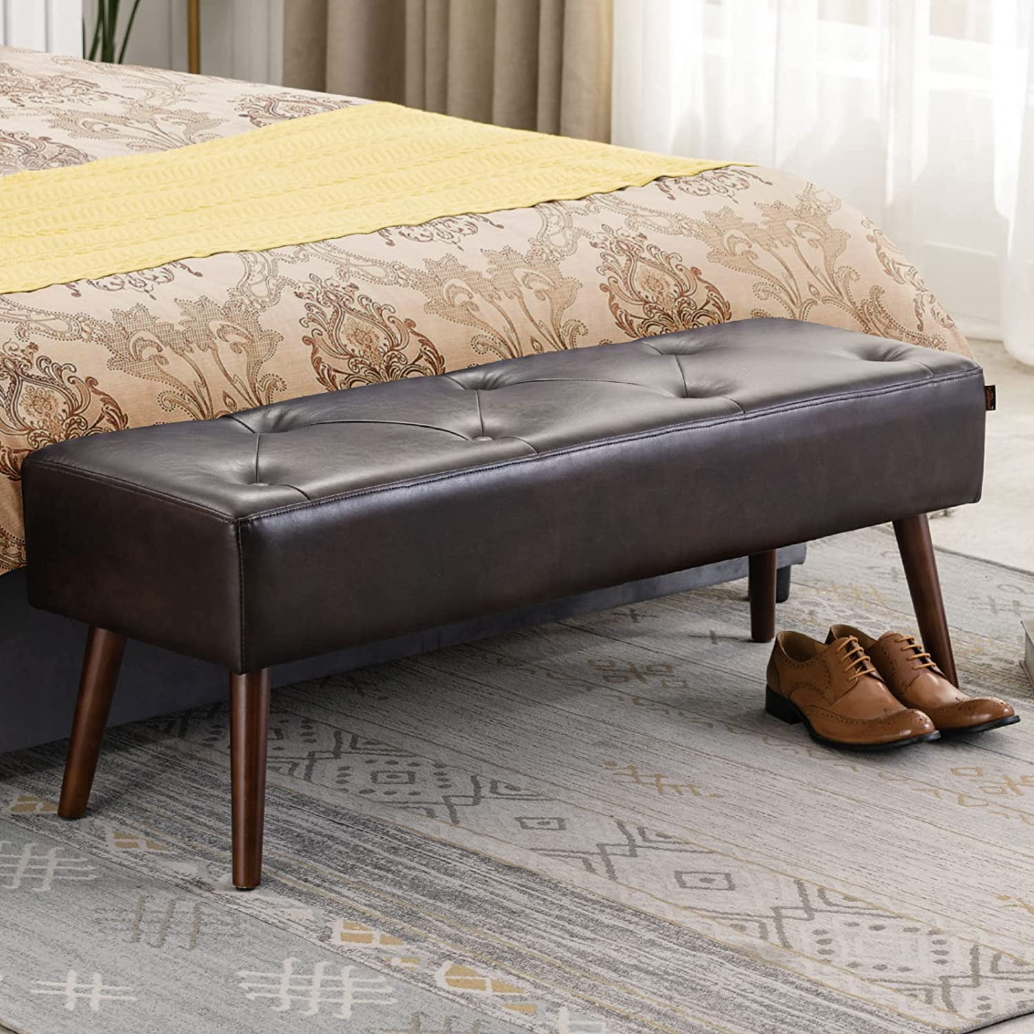 Faux Leather Bedroom Bench Tufted Entryway Ottoman Bench
