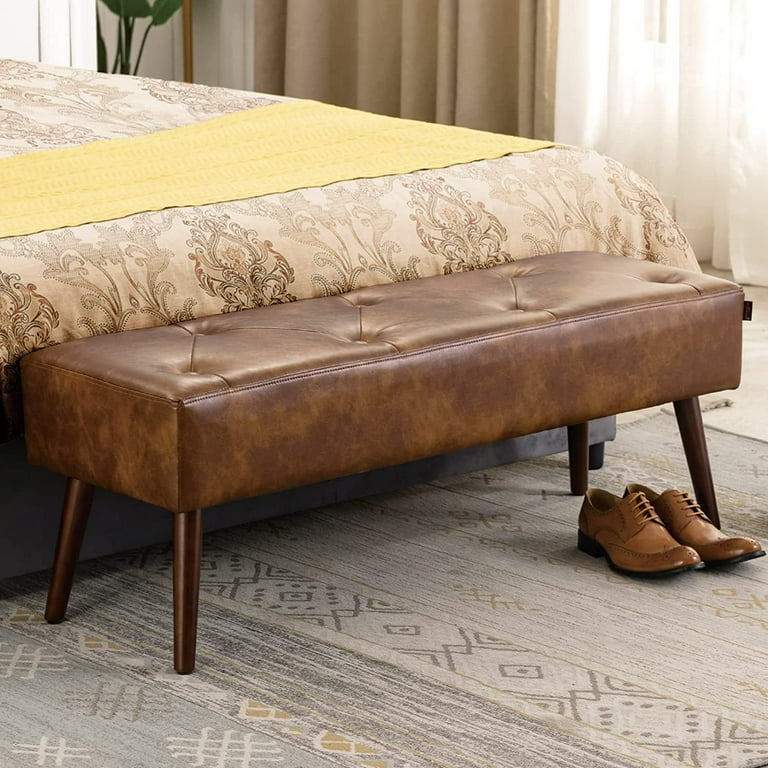 Faux Leather Upholstered Bedroom Bench, Tufted Ottoman for Bed End