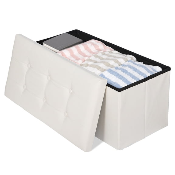 Faux Leather Beige Footrest w/Foam Padded Seat Foldable Storage Bench Spacious for Living Room