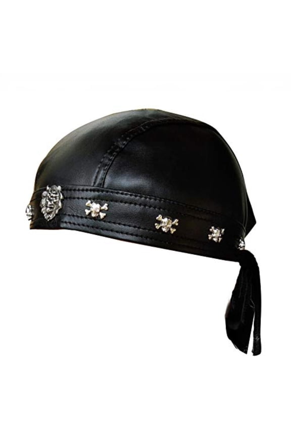 Faux Leather Biker Skull Cap Motorcycle Bandana Head Wrap Du Doo Do Rag Black Hat