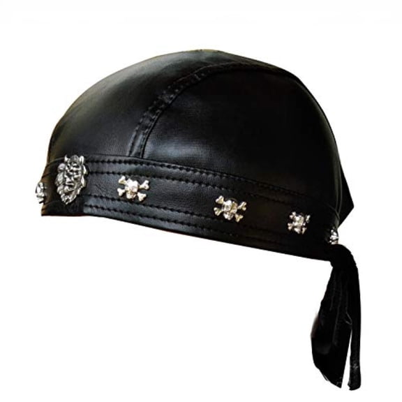 Faux Leather Biker Skull Cap Motorcycle Bandana Head Wrap Du Doo Do Rag Black Hat
