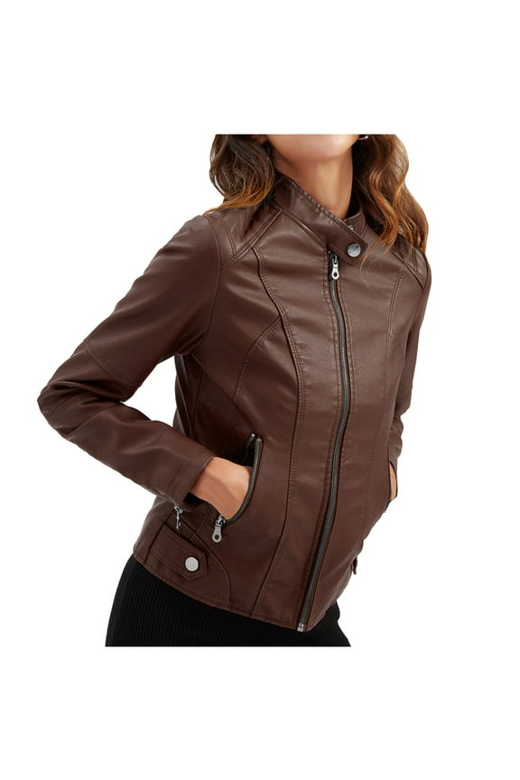 Faux Leather Blazer Jacket for Women One-button Notch Collar Long Sleeve Regular-fit Office Work Fashion Suit Coat (4X-Large, Coffee)