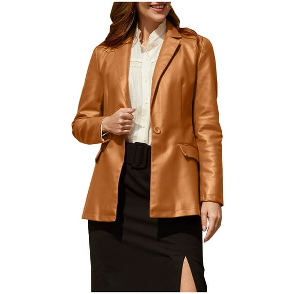 Faux Leather Blazer Jacket for Women One-button Notch Collar Long Sleeve Regular-fit Office Work Fashion Suit Coat (Small, Brown)