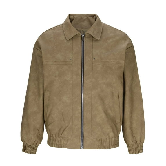 Faux Leather Bomber Jacket Men Vintage Moto Coat Slim Fit Full Zip Long Sleeve Outerwear with Pockets Autumn Casual Biker Style Retro Ribbed Cuff Streetwear
