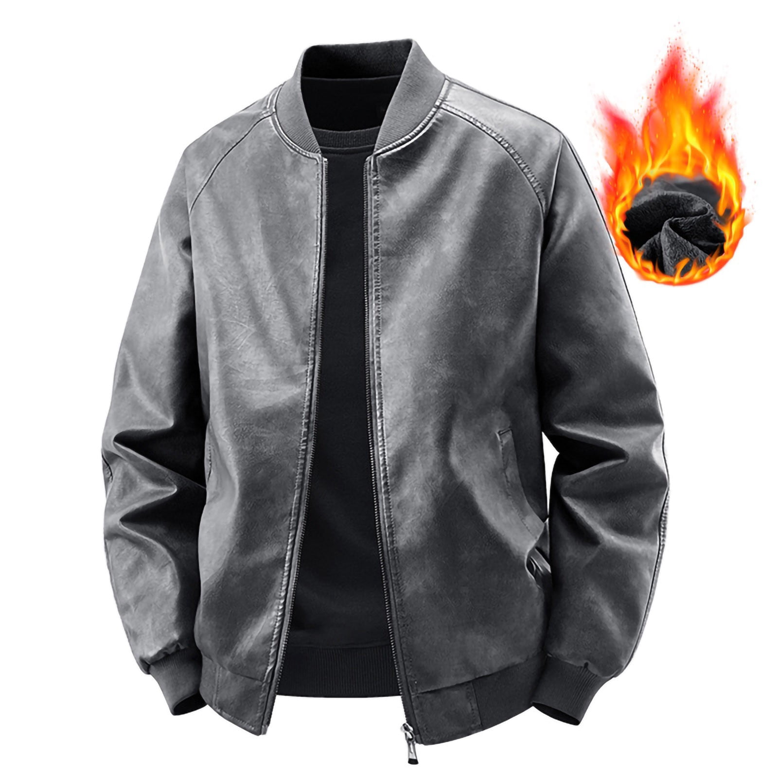 Faux Leather Bomber Jacket for Men with Sherpa Fleece Lined Pockets Thick Warm Full Zip Winter Coats Collarless (2XL, Gray)