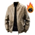 thumbnail image 1 of Faux Leather Bomber Jacket for Men with Sherpa Fleece Lined Pockets Thick Warm Full Zip Winter Coats Collarless (L, Coffee), 1 of 3