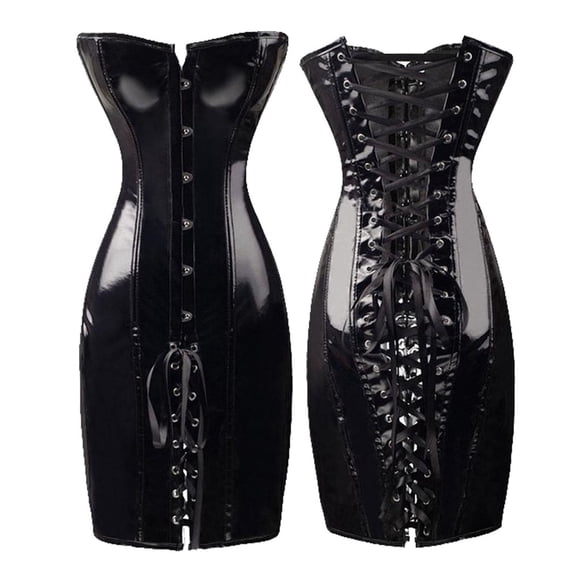Faux Leather Boned Overbust Bustier Shaper Corset Body Shaper Tummy Control Black M