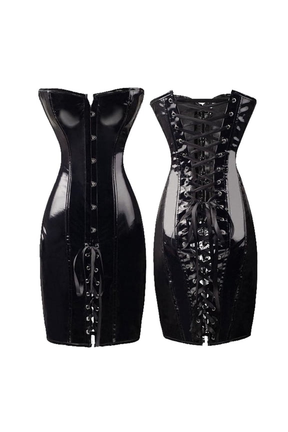 Faux Leather Boned Overbust Bustier Shaper Corset Body Shaper Tummy Control Black M