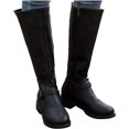 thumbnail image 1 of Faux Leather Boots for Womens Knee High Slouchy Wide Calf Round Toe Boots Winter Buckle Strap Low Heels Riding Combat Booties, 1 of 6