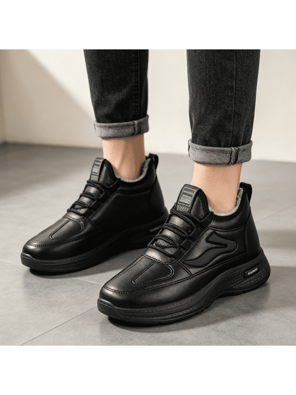 Faux Leather Casual Sneakers,Man Wedge Sneakers Platform Walking Shoes Faux Leather Upper Non Slip Rubber Sole Cushioned Insole Low Top Daily Casual Wear Commute Height Increasing Walking,Black 9