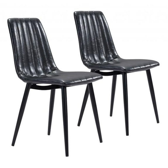 Faux Leather Channel Scoop Dining Chairs, Vintage Black - Set of 2