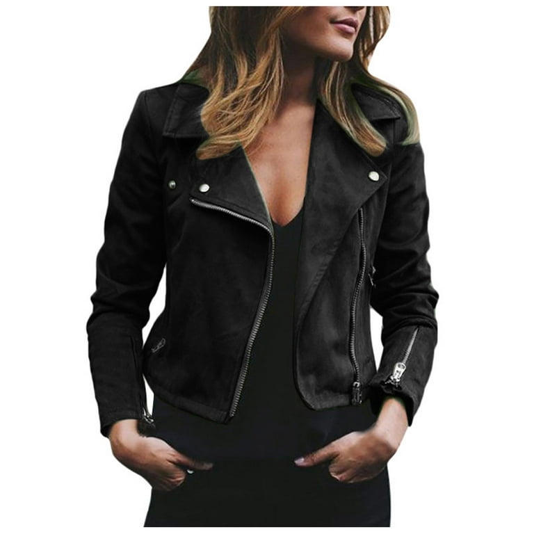 Faux Leather Classic Motorcycle Jacket for Women Asymmetrical Long Sleeve  Zipper Cropped Zip Cardigan