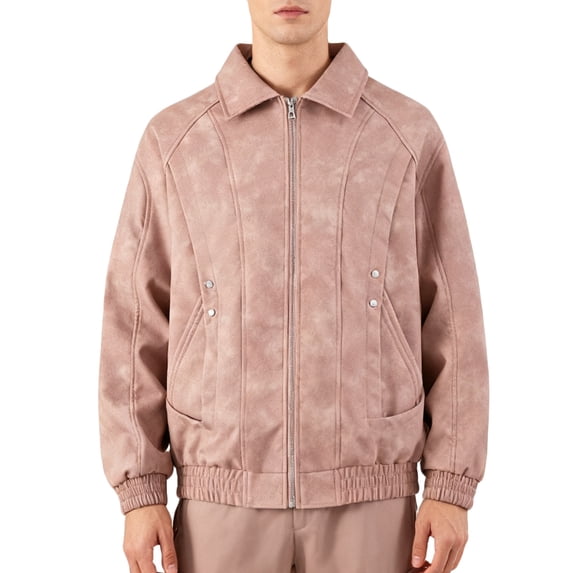 Faux Leather Coat For Men Lapel Front Zip Long Sleeve PU Outwear Stylish Casual Biker Jacket With Pockets (M, Pink)