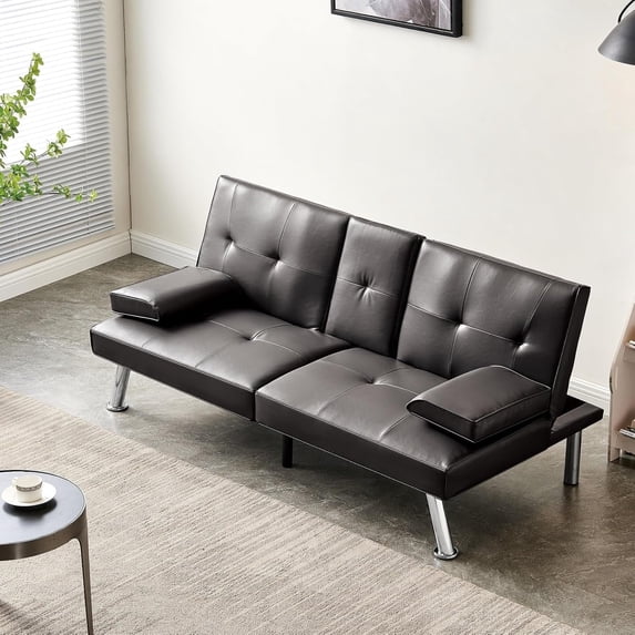 Faux Leather Convertible Folding Futon Sofa Bed with Cup Holders, Metal Legs, and Removable Armrests for Living Room and Dorm (Brown)